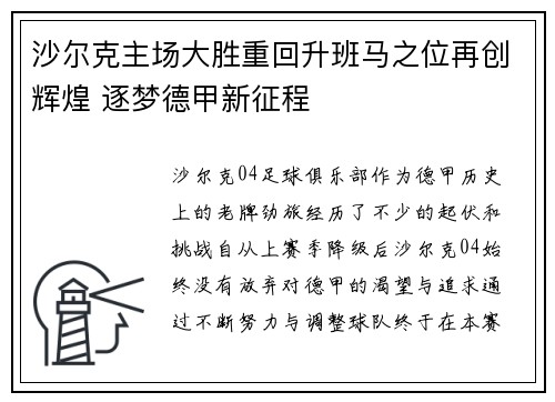 沙尔克主场大胜重回升班马之位再创辉煌 逐梦德甲新征程