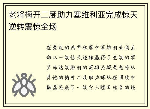老将梅开二度助力塞维利亚完成惊天逆转震惊全场