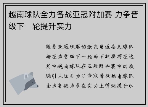 越南球队全力备战亚冠附加赛 力争晋级下一轮提升实力