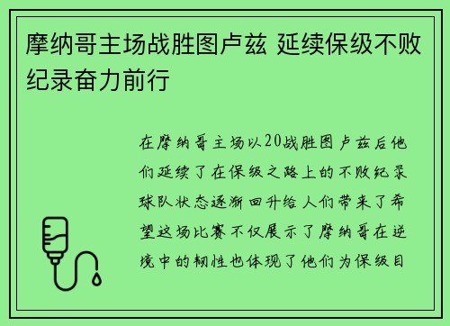 摩纳哥主场战胜图卢兹 延续保级不败纪录奋力前行